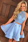 Two Piece Round Neck Short Tiered Satin Blue Open Back Homecoming Dress with Lace JS259
