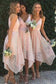 A-Line V-Neck Spaghetti Straps Asymmetrical Pink Lace Bridesmaid Dress JS93
