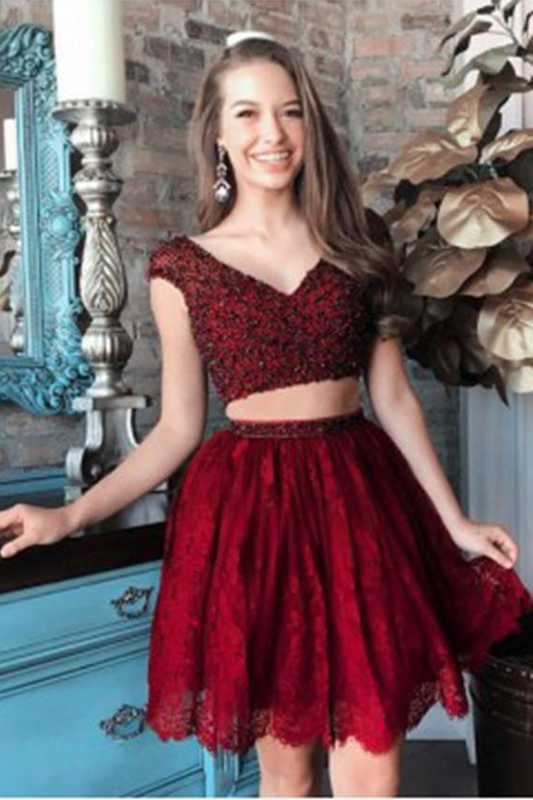 A Line Two Pieces V Neck Beads Burgundy Lace Short Prom Dresses Homecoming Dresses JS703