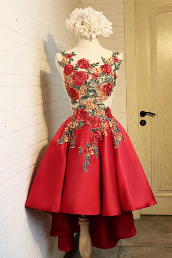 A Line Red Appliques Lace High Low Lace up Satin Scoop Homecoming Dresses JS887