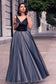 A-Line V-Neck Sleeveless Tulle Backless Navy Blue Floor Length Evening Prom Dresses UK JS460