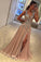 A-line V-neck Satin Brown Sweep Train Appliques Lace with Slit Sleeveless Prom Dresses JS691